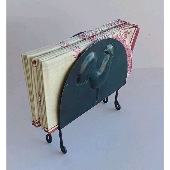 Farmhouse Imprinted Rooster Primitive Metal Napkin Holder w/Toile Napkins - Picture 1 of 16